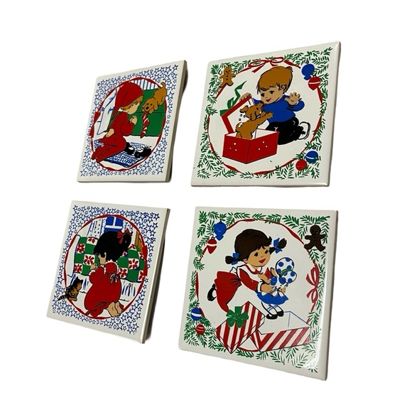2 Vintage Sets (4) Ceramic Tile Trivets Night Before Christmas Christmas Morning - Picture 1 of 4